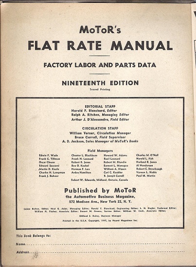 1936 - 1946 MOTOR's Flat Rate & Parts Manual 19th Edition