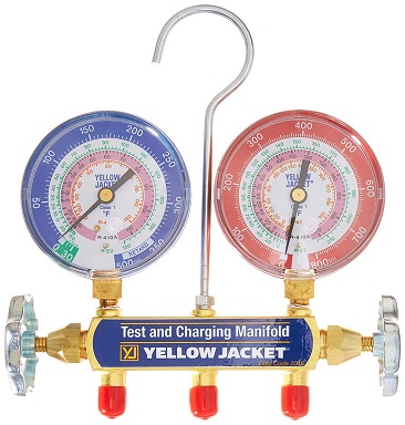 Yellow Jacket Manifold w/ 3-1/8'' Color Coded Gauges (R-22, 404A, 410A)