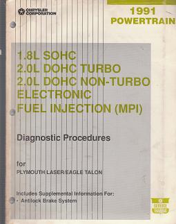 1991 Plymouth Laser / Eagle Talon 1.8L SOHC / 2.0 L DOHC Turbo / Non - Turbo Electronic Fuel Injection Powertrain Diagnostic Procedures Manaul