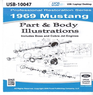 1969 Ford Mustang, Boss & Cobra Factory Part & Body Illustrations on USB